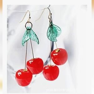 Cherry Drop Earrings with Green Leaves New